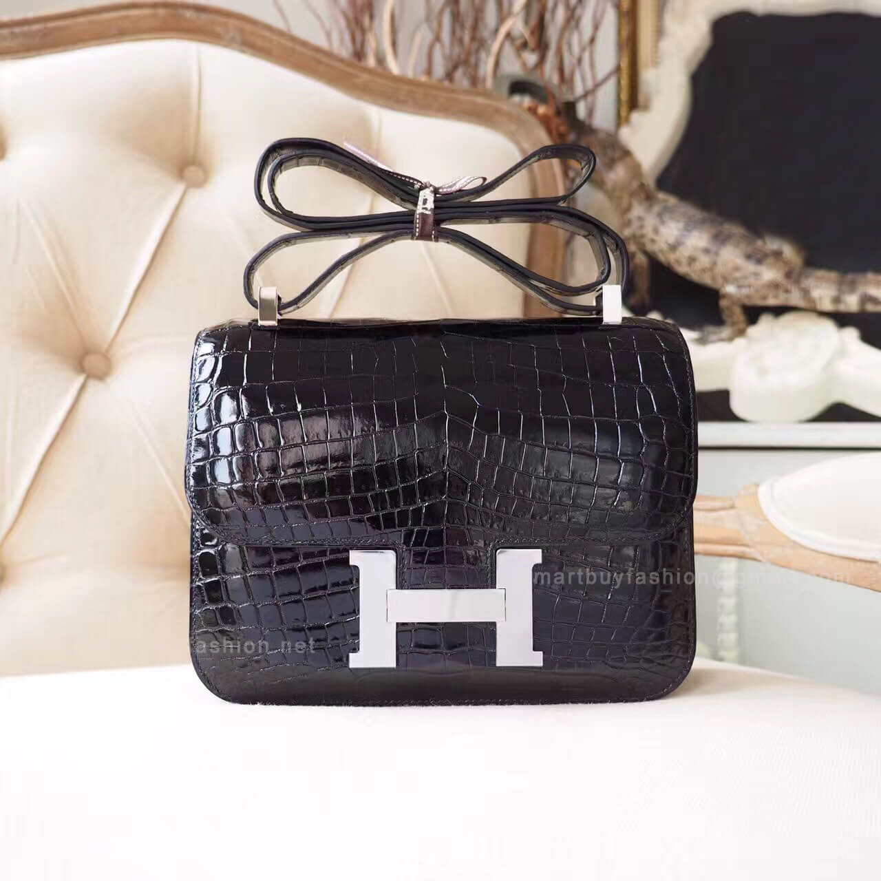 Hermes Constance 23 Bag in ck89 Noir Shiny Nile Croc PHW